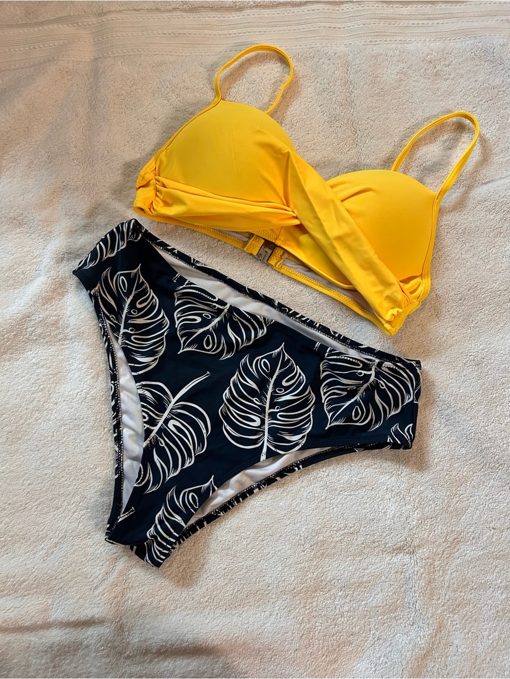 SHEIN Yellow Bikini Top with Black Leaf-Print Bottoms